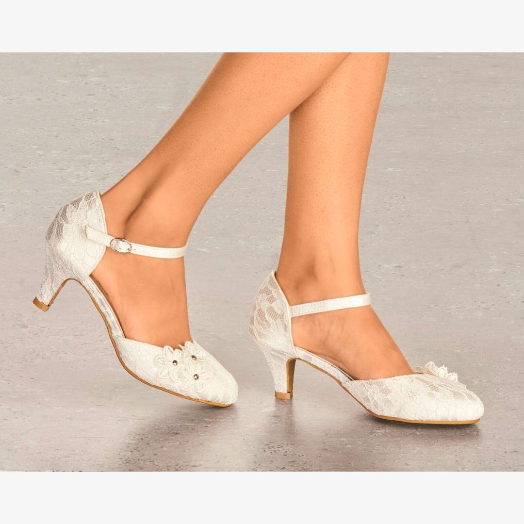 LADIES IVORY LACE LOW HEEL ANKLE STRAP FLOWER MARY JANE WEDDING BRIDAL SHOES
