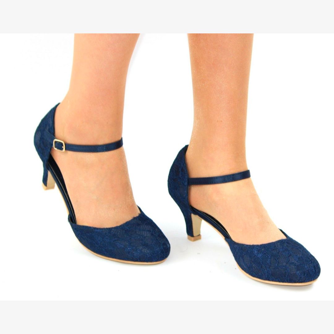 LADIES LACE EMBELLISHED LOW HEEL ANKLE STRAP FULL TOE SHOES WEDDING