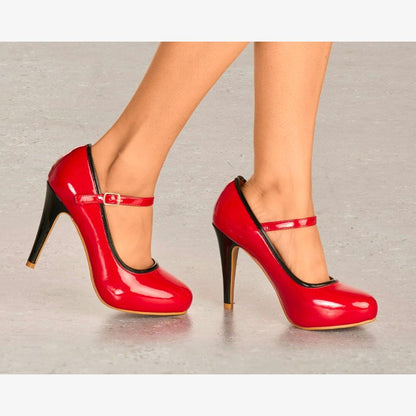 LADIES HIGH HEEL GLOSSY MARY JANE COURT SHOES PUMPS CLASSY OFFICE WORK EVENINGS