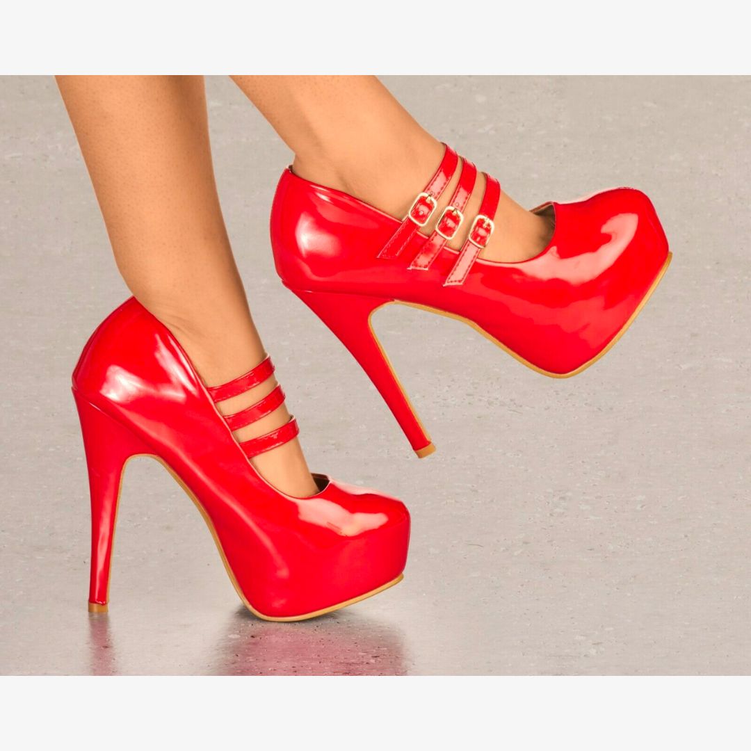 LADIES GLOSSY PLATFORM HIGH HEEL BUCKLE STRAPPY EVENING PARTY COURT SHOES