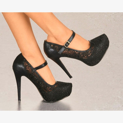 LADIES LACE EMBELLISHED PLATFORM HIGH HEELS MARY JANE PARTY SHOES UK SIZES