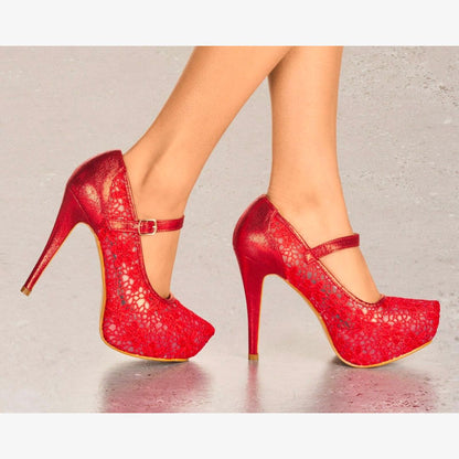 LADIES LACE EMBELLISHED PLATFORM HIGH HEELS MARY JANE PARTY SHOES UK SIZES