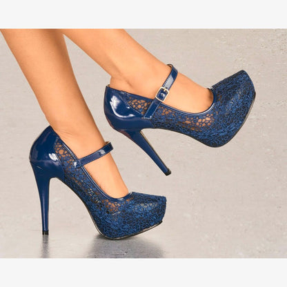 LADIES LACE EMBELLISHED PLATFORM HIGH HEELS MARY JANE PARTY SHOES UK SIZES
