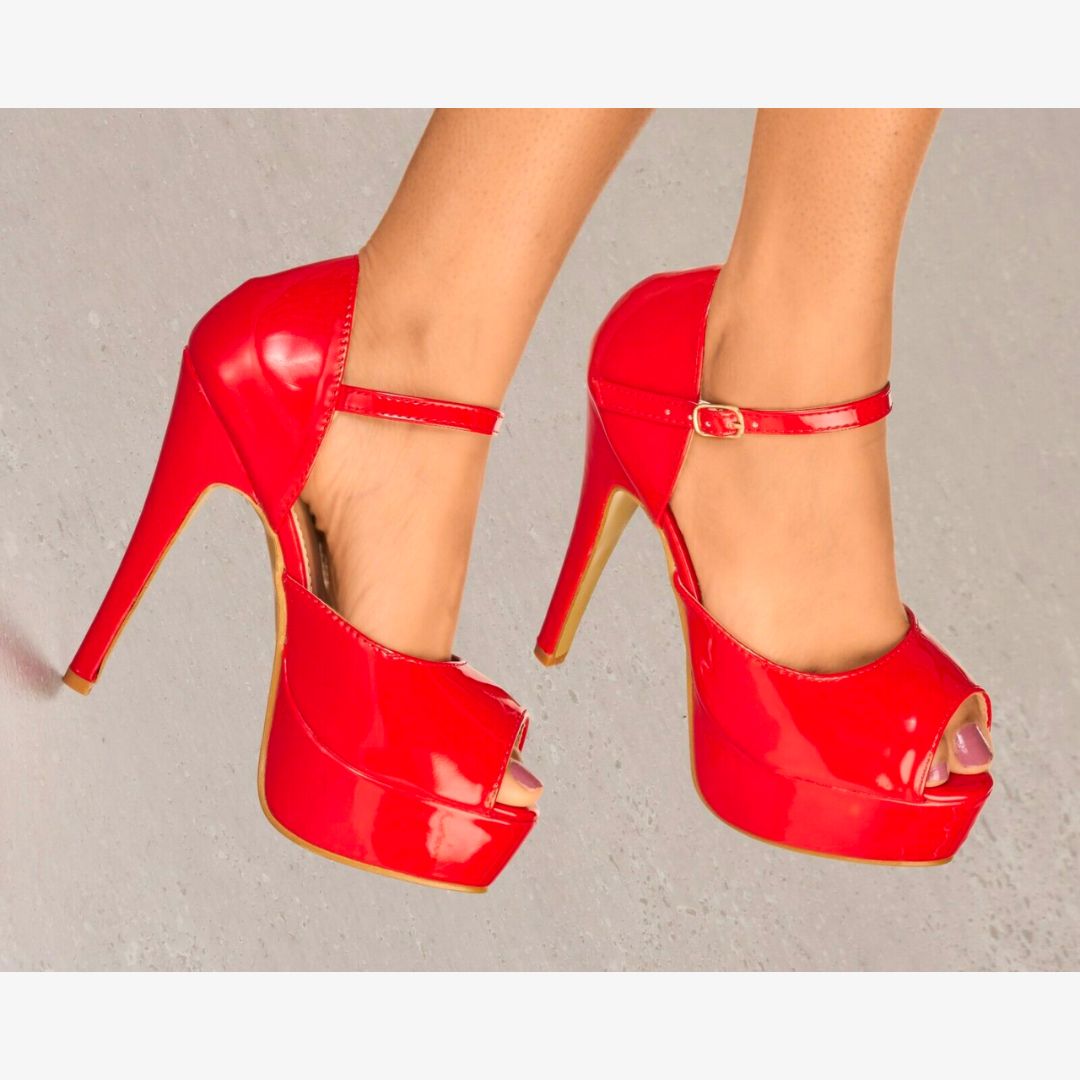 LADIES GLOSSY PLATFORM KILLER HIGH HEEL ANKLE STRAP PEEP TOE EVENING PARTY SHOES