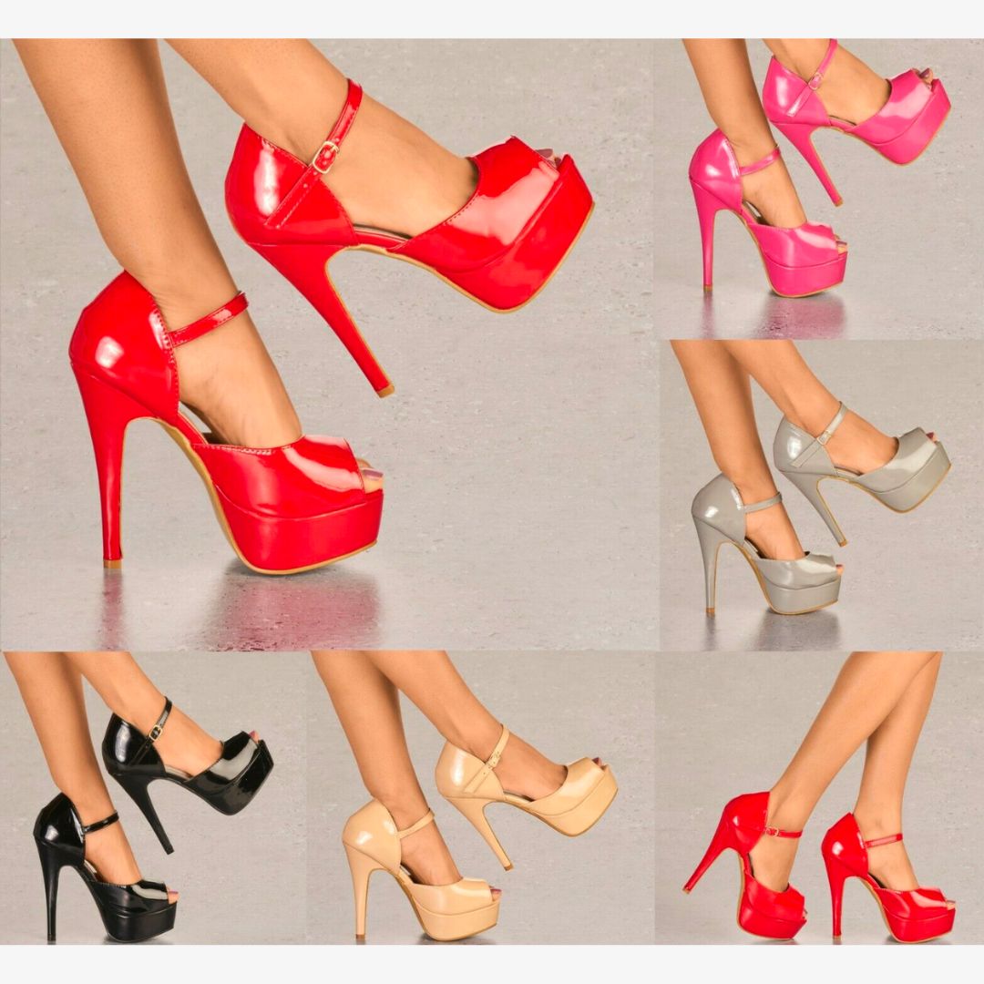 LADIES GLOSSY PLATFORM KILLER HIGH HEEL ANKLE STRAP PEEP TOE EVENING PARTY SHOES