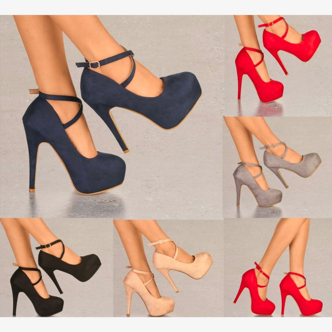LADIES SUEDE PLATFORM HIGH HEELS CROSS STRAP STRAPPY EVENING PARTY SHOES