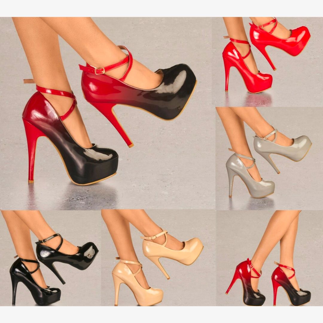 LADIES GLOSSY PLATFORM HIGH HEELS CROSS STRAP STRAPPY EVENING PARTY SHOES