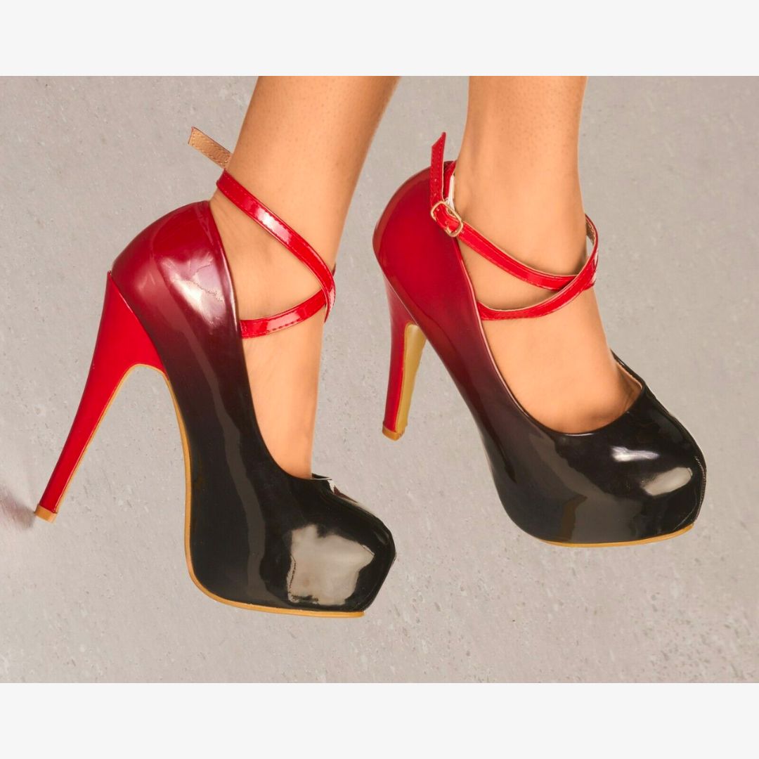 LADIES GLOSSY PLATFORM HIGH HEELS CROSS STRAP STRAPPY EVENING PARTY SHOES