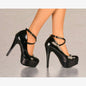 LADIES GLOSSY PLATFORM HIGH HEELS CROSS STRAP STRAPPY EVENING PARTY SHOES
