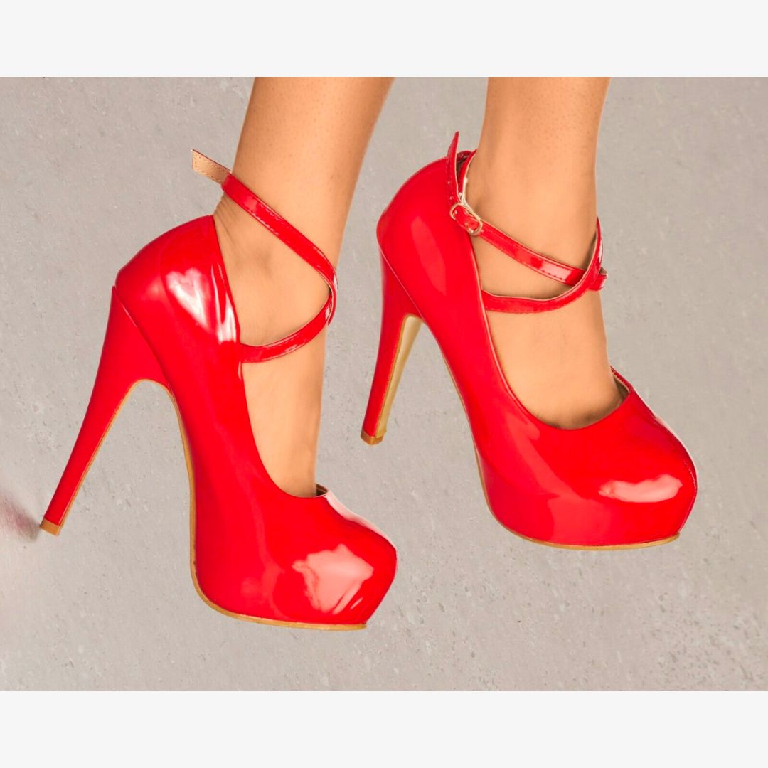 LADIES GLOSSY PLATFORM HIGH HEELS CROSS STRAP STRAPPY EVENING PARTY SHOES