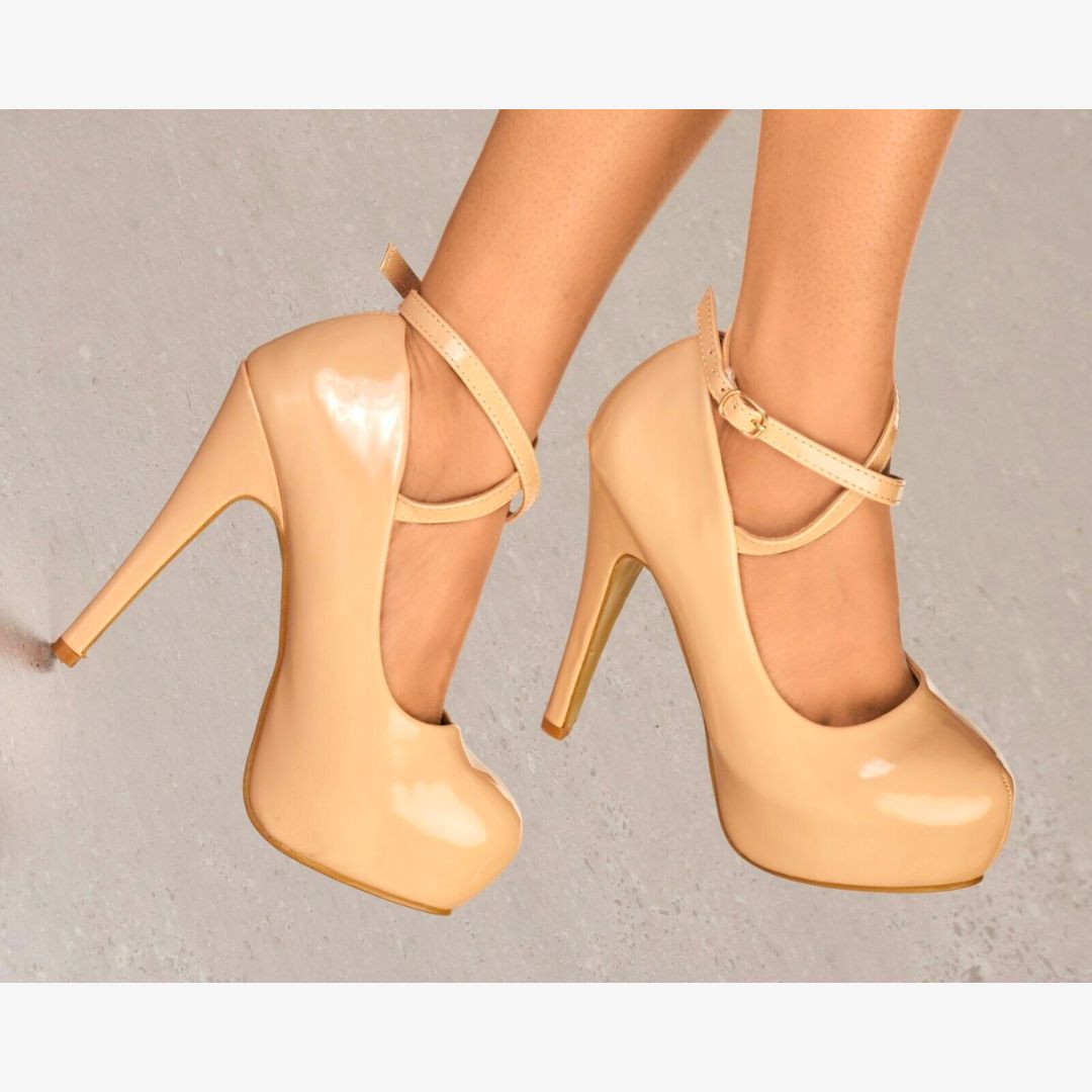 LADIES GLOSSY PLATFORM HIGH HEELS CROSS STRAP STRAPPY EVENING PARTY SHOES