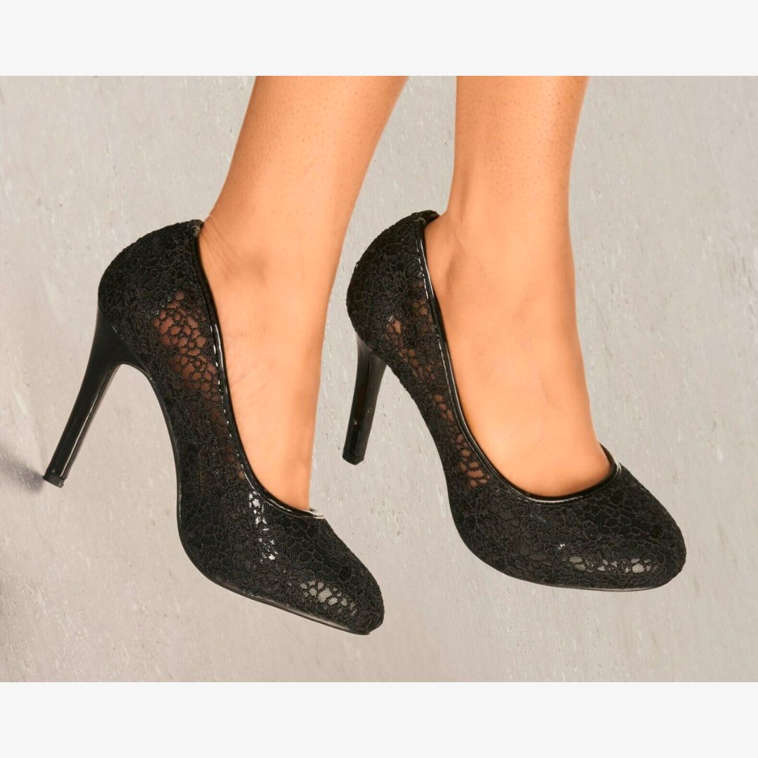 LADIES LACE EMBELLISHED HIGH HEEL FULL TOE COURT SHOES PUMPS EVENING HEELS
