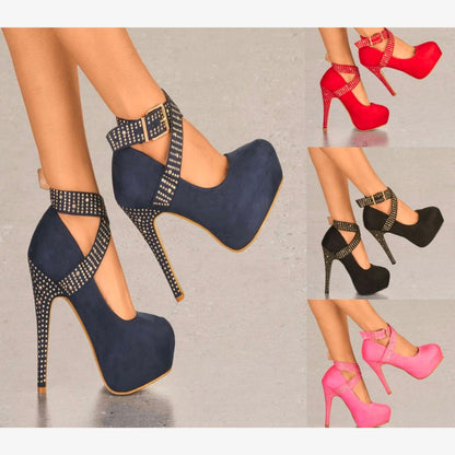 LADIES SUEDE PLATFORM HIGH HEELS DIAMANTE STUD ANKLE STRAP STRAPPY PARTY SHOES