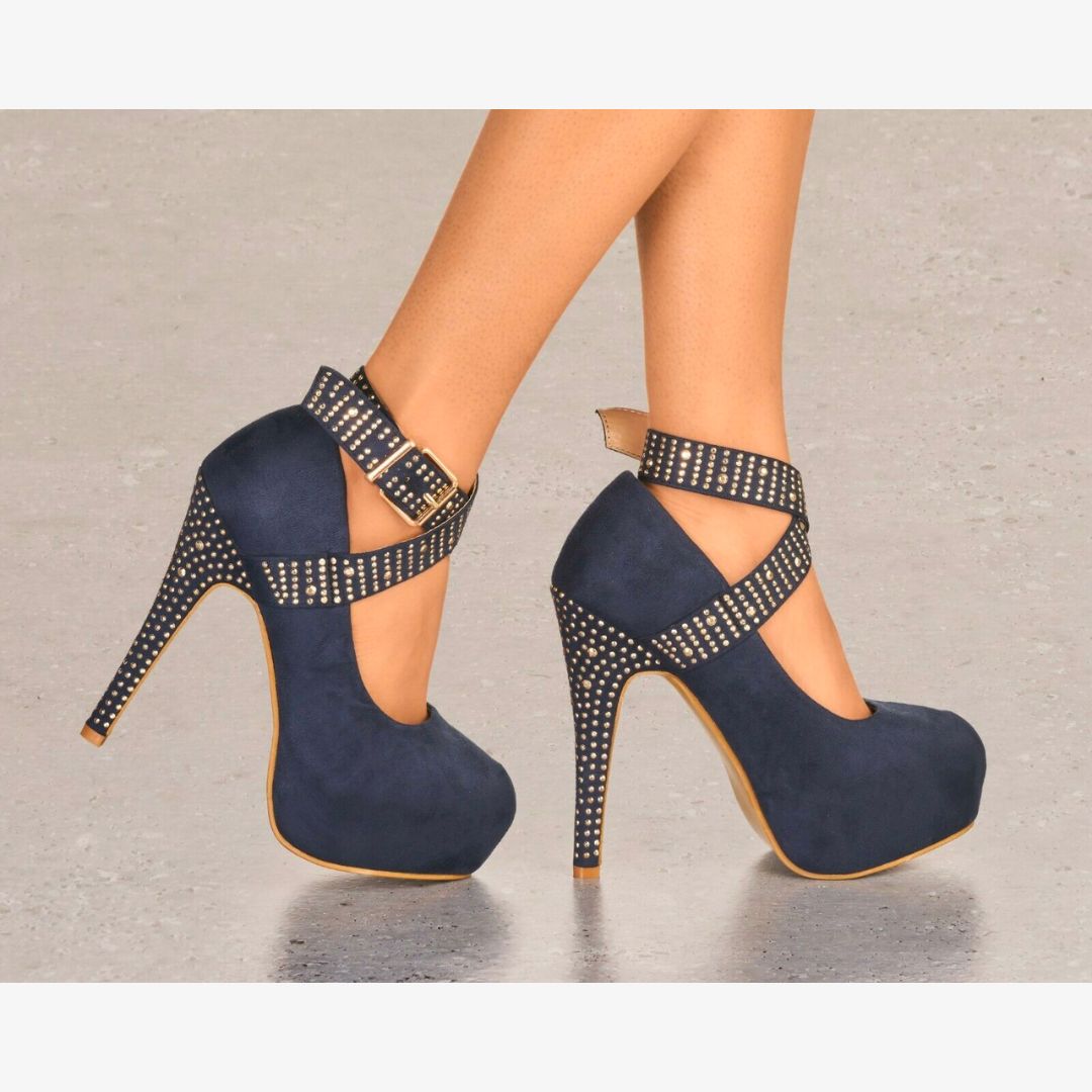 LADIES SUEDE PLATFORM HIGH HEELS DIAMANTE STUD ANKLE STRAP STRAPPY PARTY SHOES