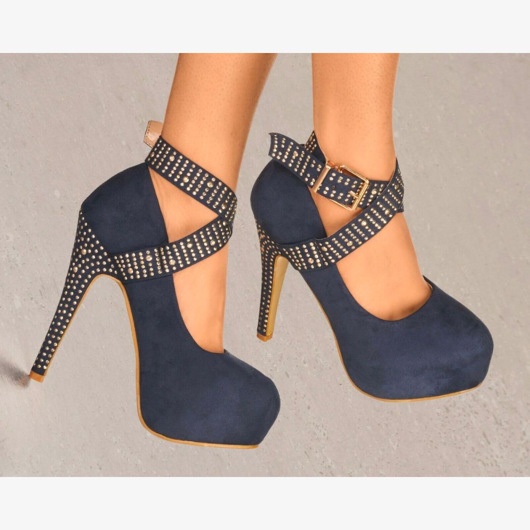 LADIES SUEDE PLATFORM HIGH HEELS DIAMANTE STUD ANKLE STRAP STRAPPY PARTY SHOES