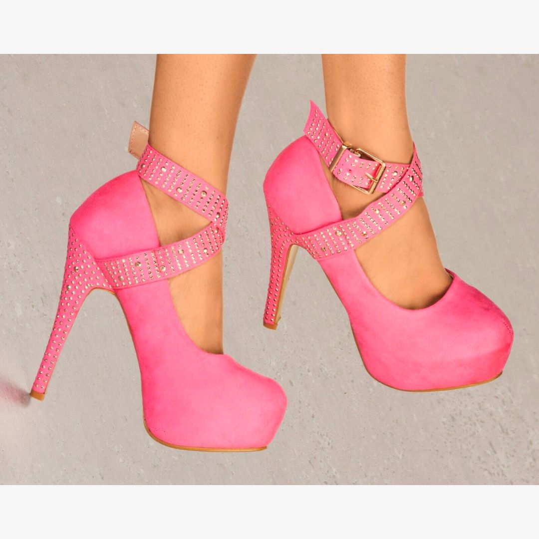 LADIES SUEDE PLATFORM HIGH HEELS DIAMANTE STUD ANKLE STRAP STRAPPY PARTY SHOES