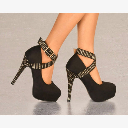 LADIES SUEDE PLATFORM HIGH HEELS DIAMANTE STUD ANKLE STRAP STRAPPY PARTY SHOES