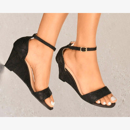 LADIES LACE EMBELLISHED LOW MID WEDGE HEEL PEEP TOE STRAPPY SANDAL SHOES 3-8