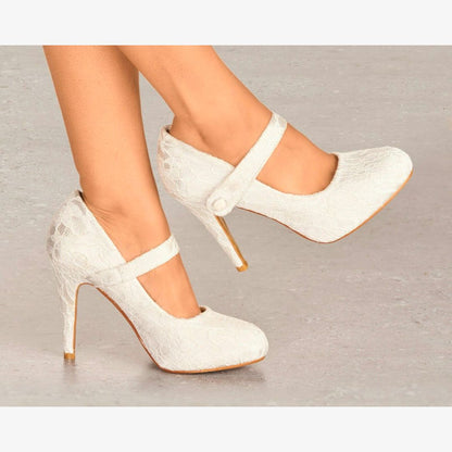 LADIES IVORY LACE EMBELLISHED HIGH HEEL MARY JANE WEDDING BRIDAL COURT SHOES
