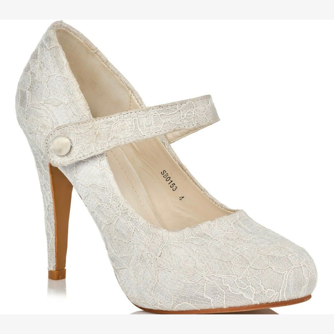 LADIES IVORY LACE EMBELLISHED HIGH HEEL MARY JANE WEDDING BRIDAL COURT SHOES