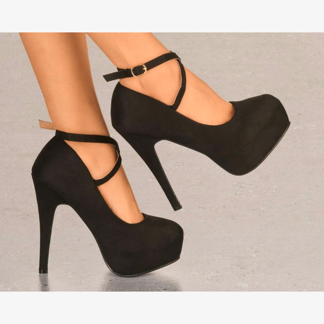 LADIES SUEDE PLATFORM HIGH HEELS CROSS STRAP STRAPPY EVENING PARTY SHOES