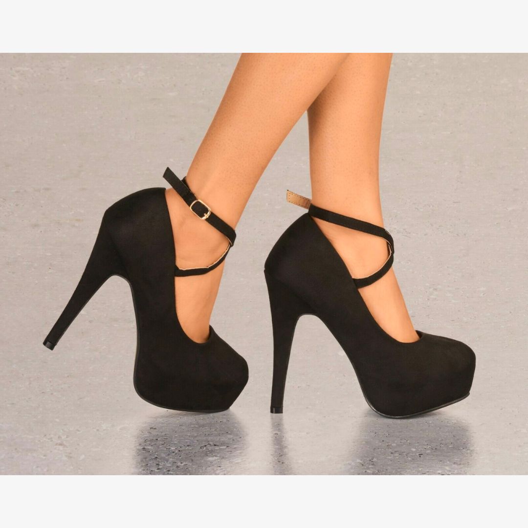 LADIES SUEDE PLATFORM HIGH HEELS CROSS STRAP STRAPPY EVENING PARTY SHOES