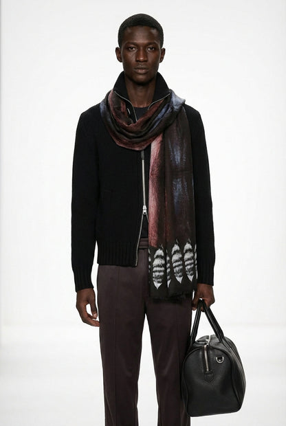 VASSILISA Scarf in Blue and Burgundy Colours: Mink Effect and Tails Print, XL