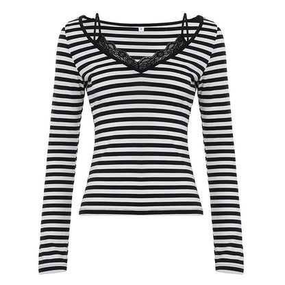 American-style Lace-spliced Strap Top With A Faux Two-piece Slim-fit Long Sleeves