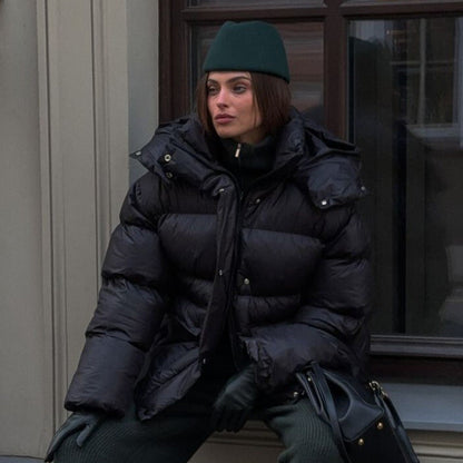 Women's Cottonpadded Overcoat Jacket Square Pocket Cushion Warm Hooded Cotton