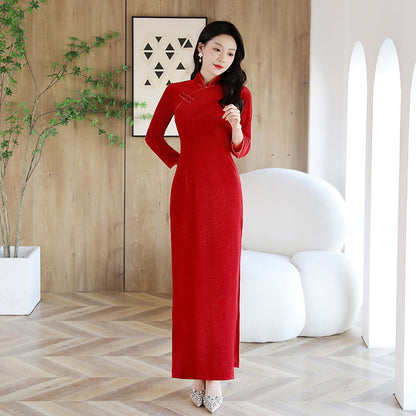Long-sleeved Red Outfit For Annual Company Parties Show Cheongsam