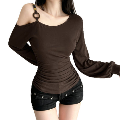 Vintage Off-shoulder Beaded-strapped Lantern-sleeve T-shirt