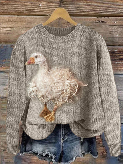 Digital-print Rabbit Amidst A Floral Meadowartistic Outfit Warm Chunky-knit Crewneck Hoodie