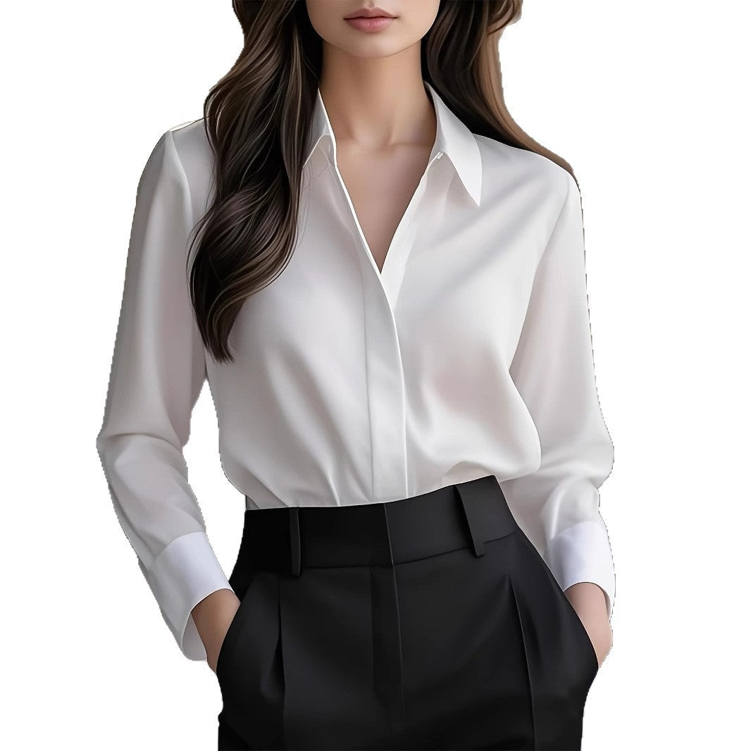 Long Sleeve Simple Blouse Lapel Versatile Loose