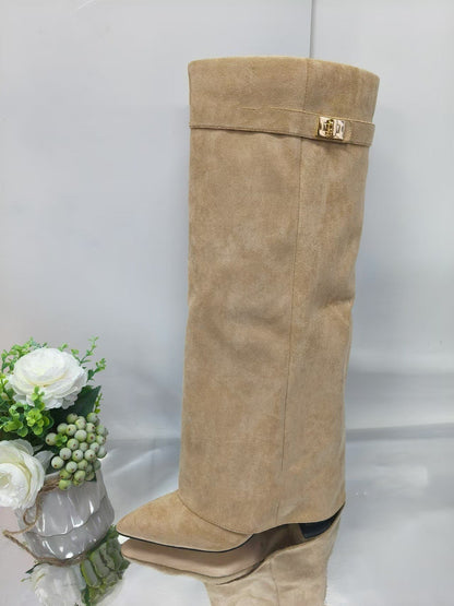 Ins Pant-tube Boots Pointed Toe Chunky Heel Shoes WInter Knight Mid-calf Dress Boot For Women