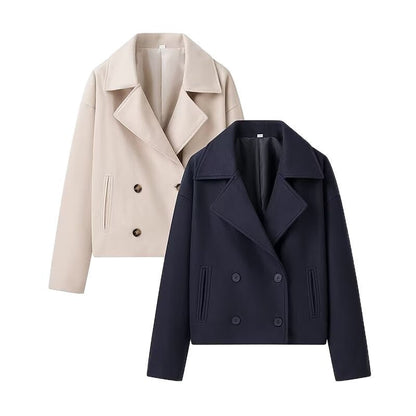 French Style Lapel Double Breasted Short Woolen Casual Loose Jacket Coat