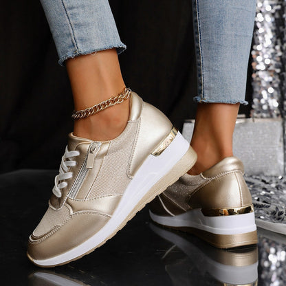 Women's Lace-up Casual Shoes FFashion Side Zipper Design Thick-soled Shoes Walking Running Sports Sneakers