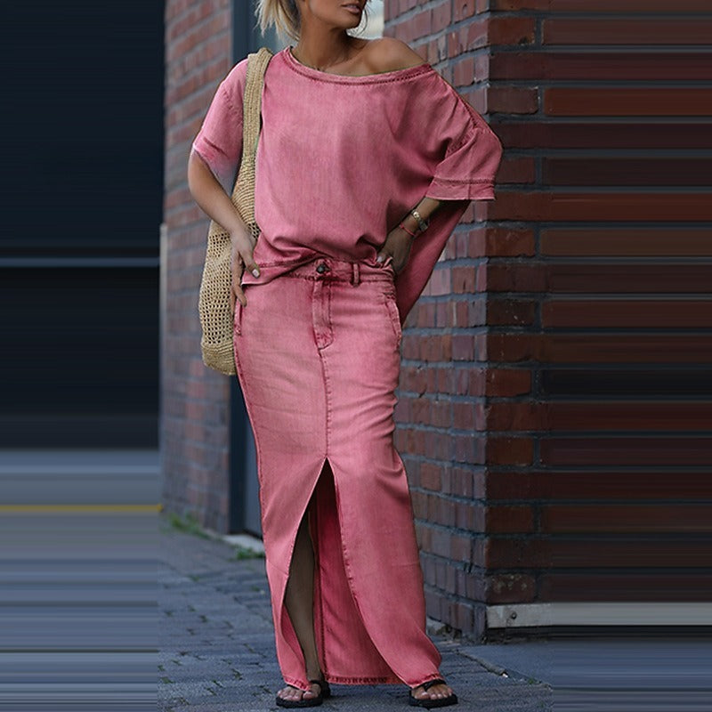 Two-piece Skirt Suits Fashion Loose Bat-sleeved Short Sleeve Top And Slim Fit Slit Maxi Skirt Patchwork Chic Outfit Women's Clothing