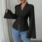 Elegant V-neck Single-breasted Solid-color Striped Blouse For Women