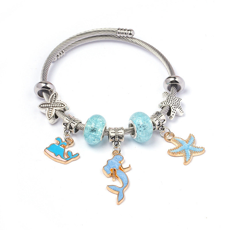 DIY Open-End Adjustable Blue Ocean Series Mermaid Pendant Bracelet Multi-Color Beaded Bracelet Factory Wholesale