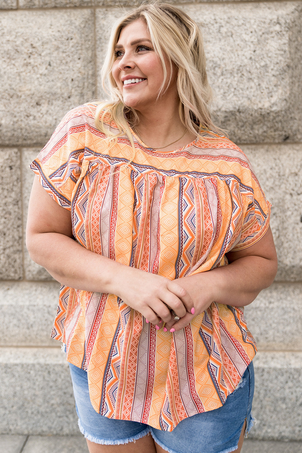 Multicolor Tribal Geometric Print Plus Size Short Sleeve Top