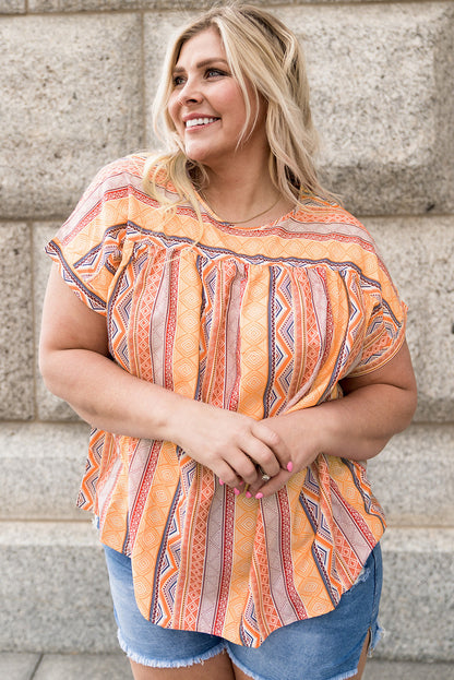 Multicolor Tribal Geometric Print Plus Size Short Sleeve Top