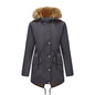 Hooded Women's Mid-length Padded Coat With Fur Collar And Defined Waist