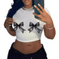 Casual Simple Round Neck Lace Bow Print Short Sleeve