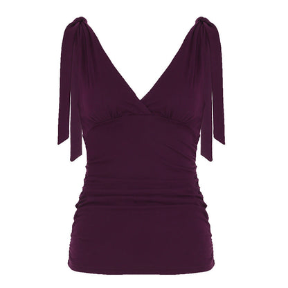 Deep V-neck Strap Pleated Bust Vest Spicy Girl-style Vintage Versatile Figure-hugging Top