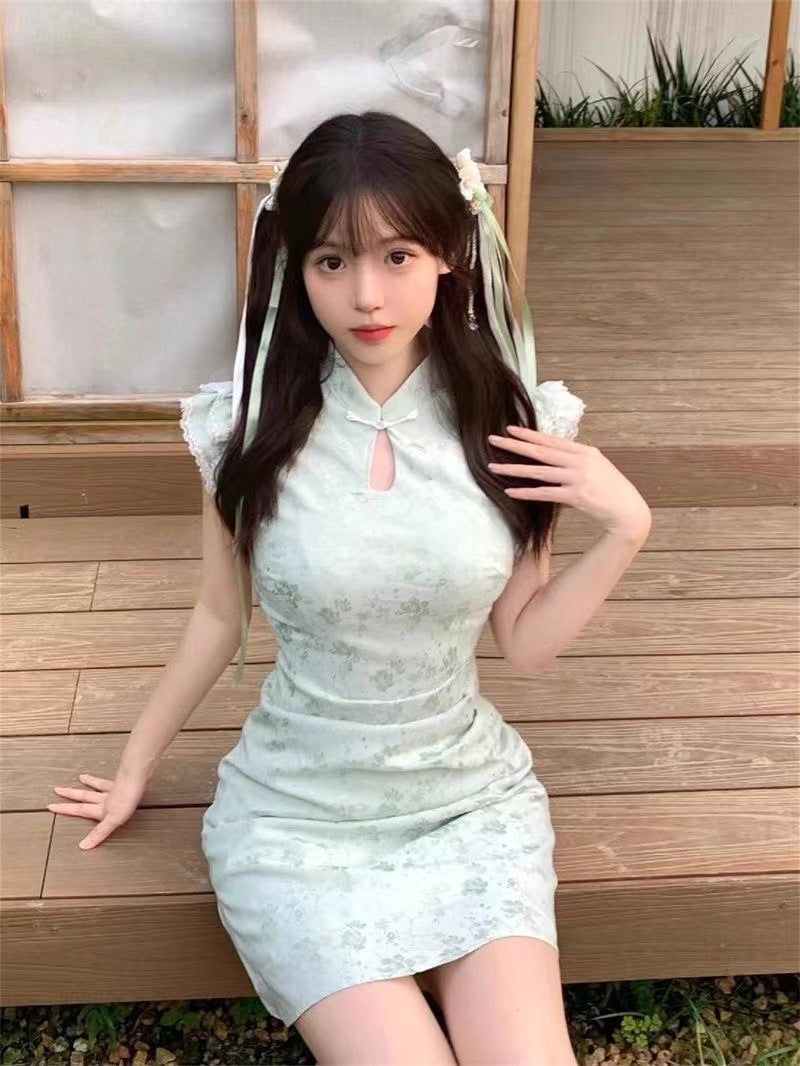 Women's Cinched-waist Bishop-sleeve Green New Chinese-style Dress