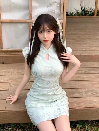 Women's Cinched-waist Bishop-sleeve Green New Chinese-style Dress