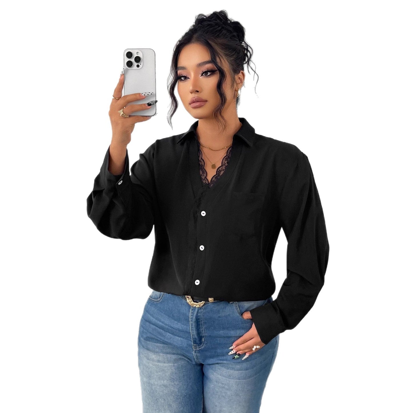 French Style Black Lace Shirt With Black Buttons