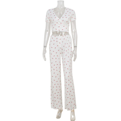 Women's Casual Short-Sleeve Tie-Dye Printed Top And Fashionable Ruffle-Trimmed Pants Set