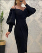 Women's Strapless Halter Neck Lantern-sleeve Waist Cinching Pleated Dress