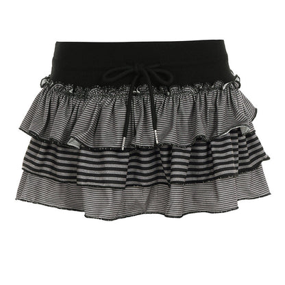 Contrast-color Striped Figure-flattering Layered Ruffle Cake Skirt